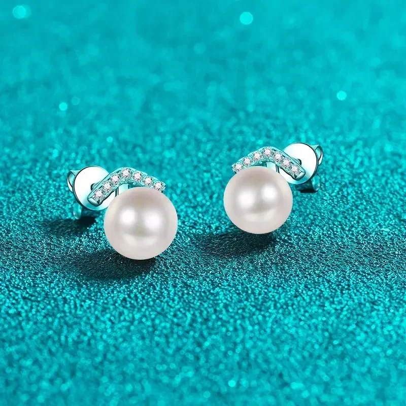 

Light Luxury 11 Points Moissanite Stud Earrings Jewelry, 8mm Freshwater Pearl PT950 Platinum Earrings for Wedding Party Gift