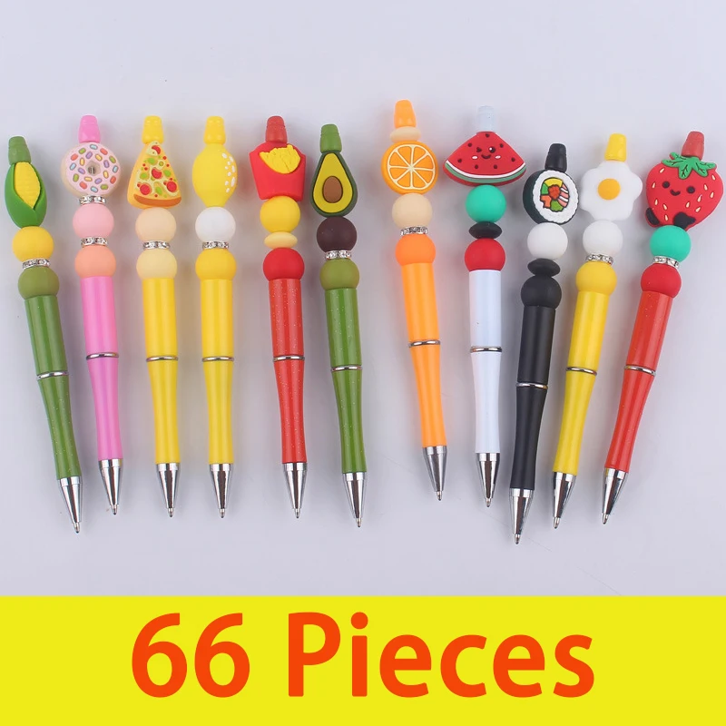 

66Pcs DIY Bead Pen Handmade Cartoon Fruit Silicone Color Plastic Beadable Ballpoint Pens Multi-functional Ballpoint Pen
