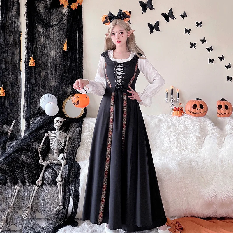 loween Vintage Court Sorcière Longue Dr Performance Médiévale Artistique Rural Sle Costume pour Femme Scène Traditionnelle Chinoise...