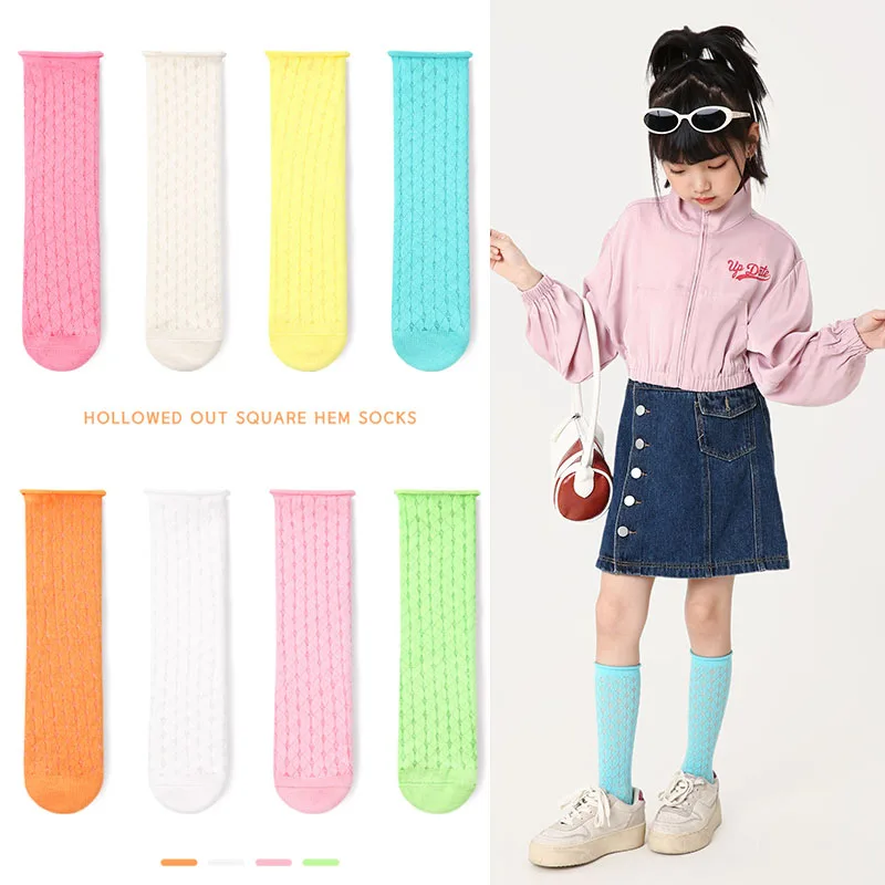 

4 Pairs/lot Girls Socks Summer Lace Socks Kids Girls Long Tube Candy Color Socks Baby Summer Thin Sock