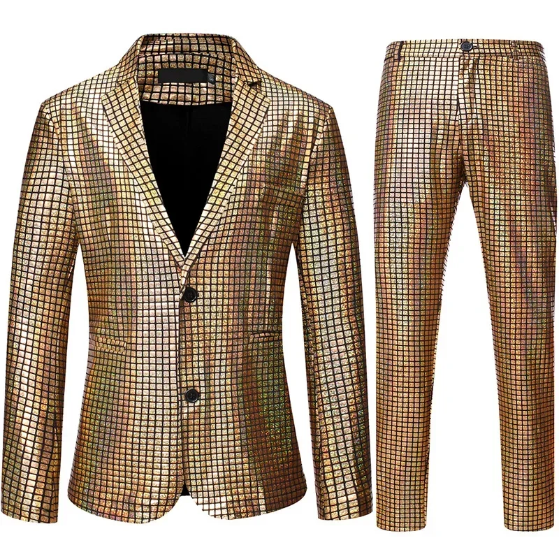 Mens Stage Prom Suits Shiny Rainbow Plaid Sequin Jacket Pants Men Dance Festival Christmas Halloween Party Costume Homme CMM221