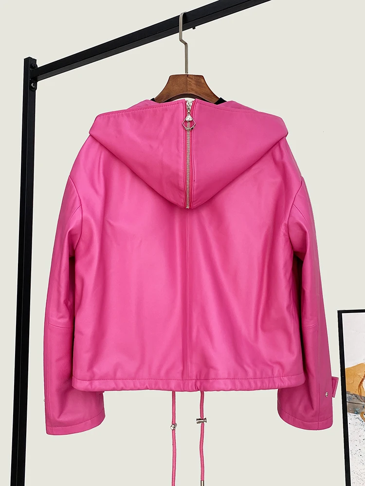 2025 Autumn New Genuine Leather Jacket For Women Navy Collar Sheepskin Leather Loose Fashionable Slim Hooded Drawstring Coat