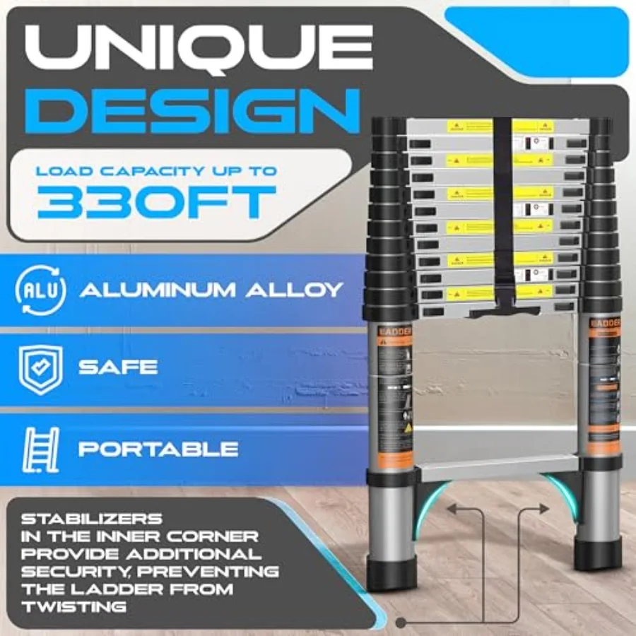 Folding Telescoping Ladder 12.5 FT Aluminum Extension Ladder Black Silver Compact Portable Anti-Slip Collapsible Ladder for Hom