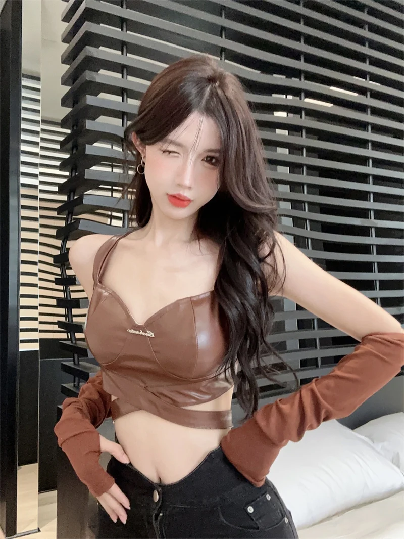 

Color Block PU Leather Strap Vest Sexy Short Hollow out Waist Slimming Korean Style Women's Outerwear Top Korean Fashion
