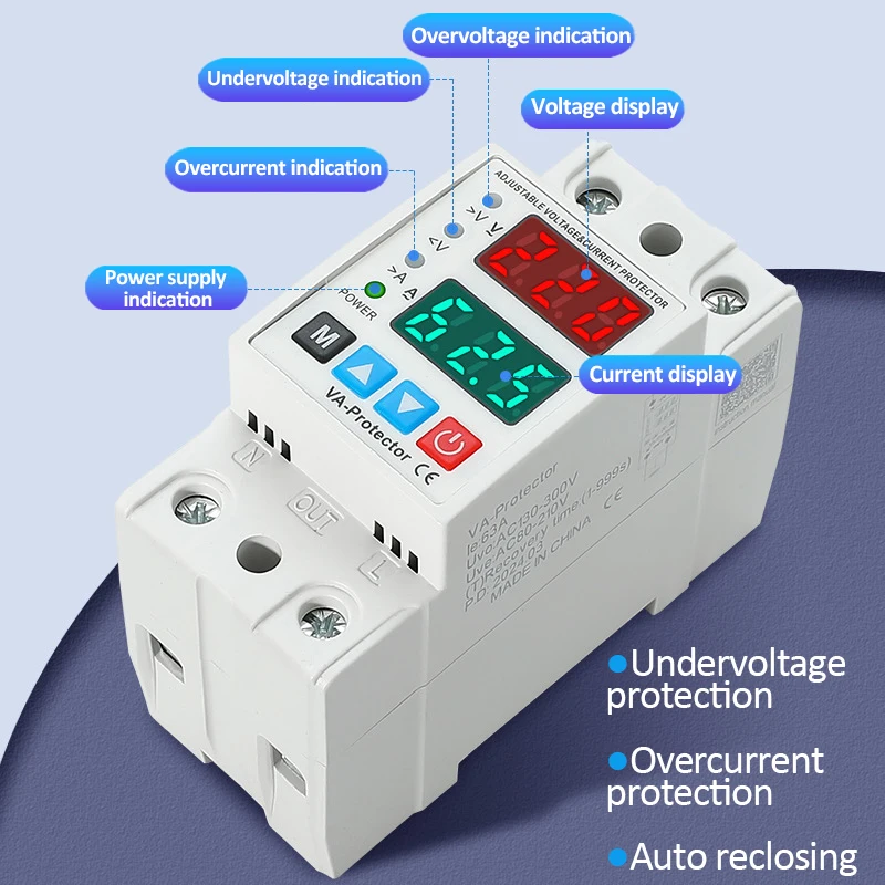 40A 63A 230V Din Rail Adjustable Over Voltage And Under Voltage Protective Device Protector Relay Over Current Protection Limit