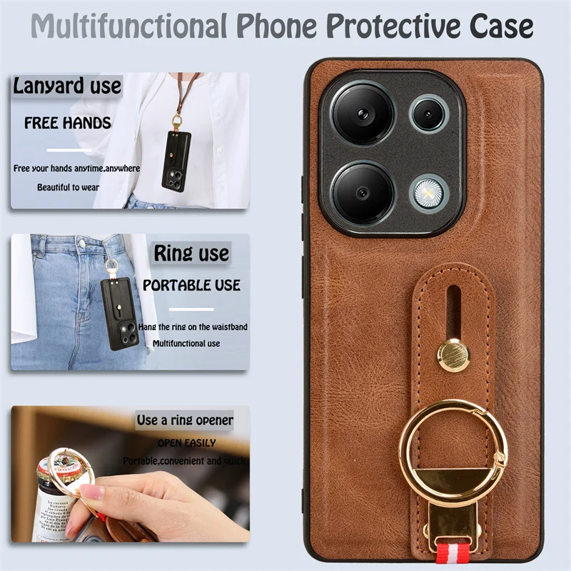 For POCO M6 Pro 4G New Anti-Shock Business Leather Wristband Cover Case For Xiaomi POCO M6 Pro 4G Non-Slip Protective Case