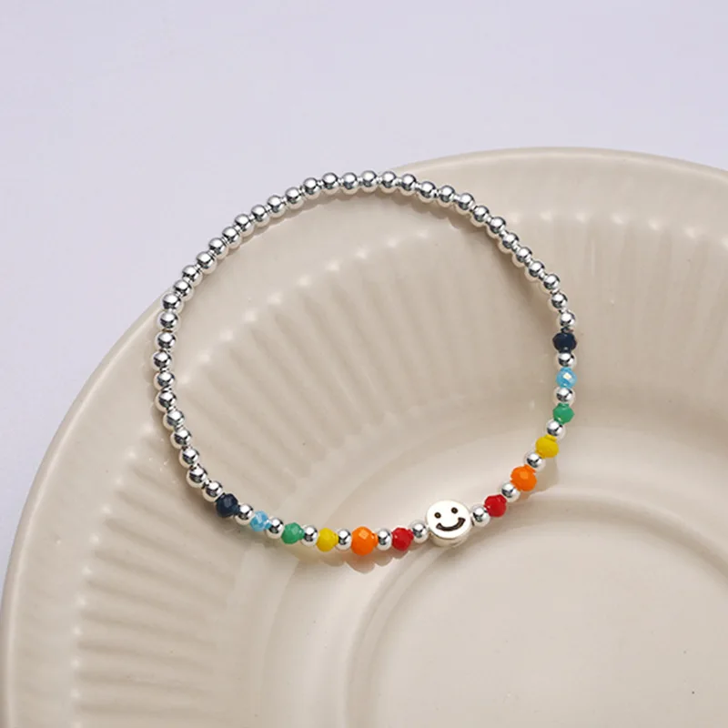 Rainbow Smiley Face Bracelet 925 Sterling Silver Handmade Designer Sweet Color Stretch Beaded Bracelet