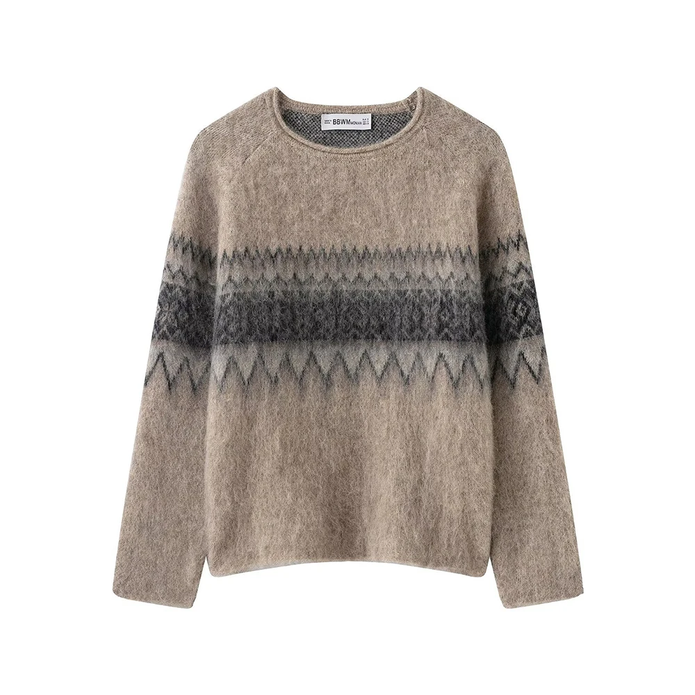 Horizontal Pattern Soft Brown Long Sleeve Pullover Loose Casual Round Neck Top Minimalist Style Women Sweater Daily Commute Wear