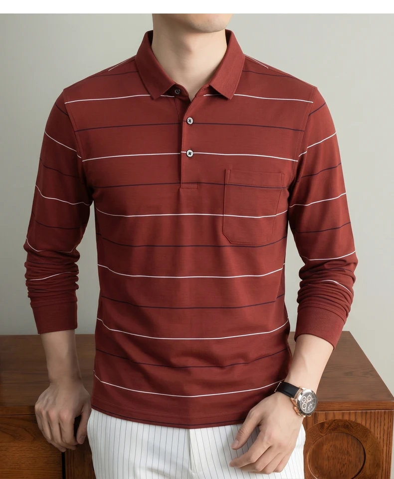 Hochwertiges gestreiftes Langarm-Poloshirt für Herren, neues Komfort-Taschendesign, Frühling/Herbst, luxuriöses Business-Casual-T-Shirt. – Detail 16