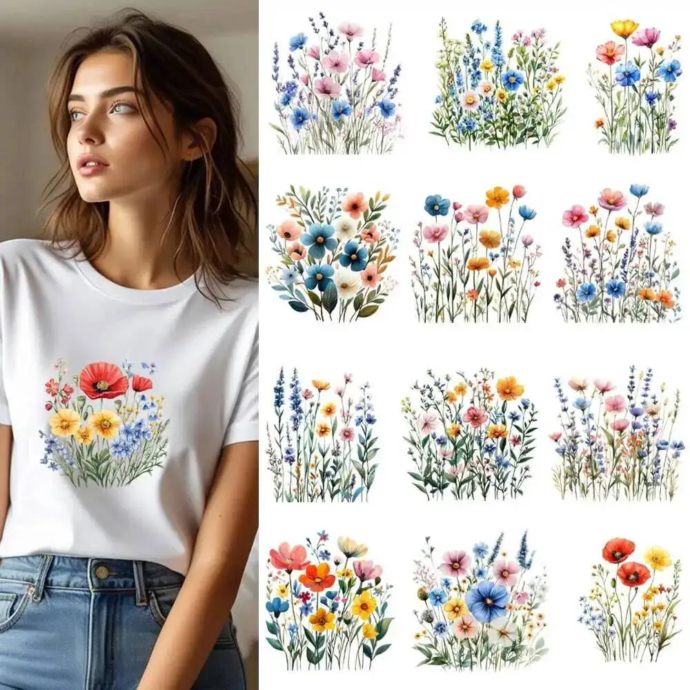 25CM Charming Wild Flowers Transfer Patches For Clothes DIY A-Level Washable Shirt Iron-on Thermal Stickers