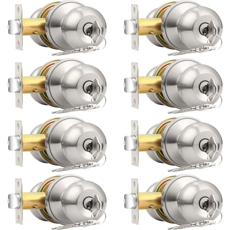 Door Locks Knobs with Same Key 8 Pack Cylindrical Keyed Entry Ball Knob Lockset, Brushed Nickel Finish, Keyed Like Locks