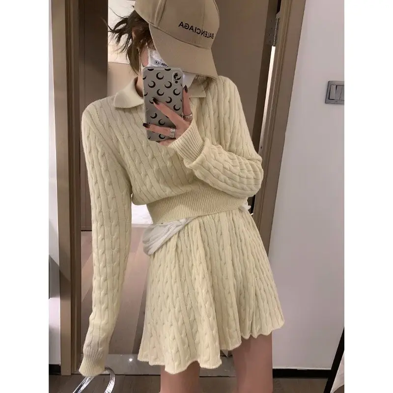 

Sweet Hot Girl College Style Suit Women's Autumn Polo-neck Sweater Knitted Pleated Skirt Two-piece Set Fashion Female Clothes