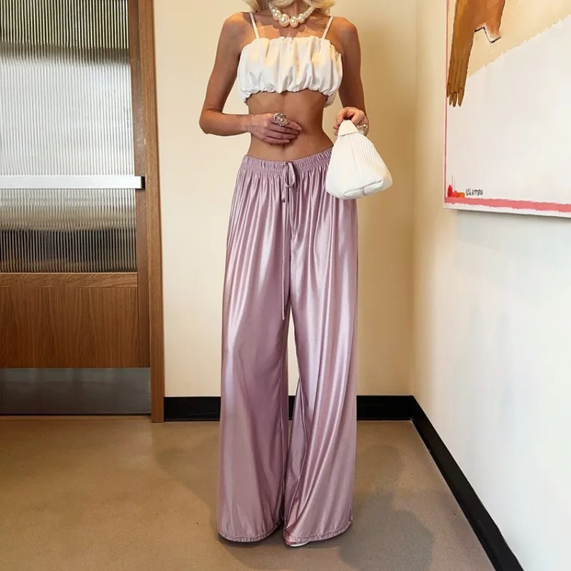 YLT Women 2026 Spring Summer New Satin Wide Leg Pants High Waist Drawstring Drape Casual Loose Trendy Chic Fashion Elegant Daily