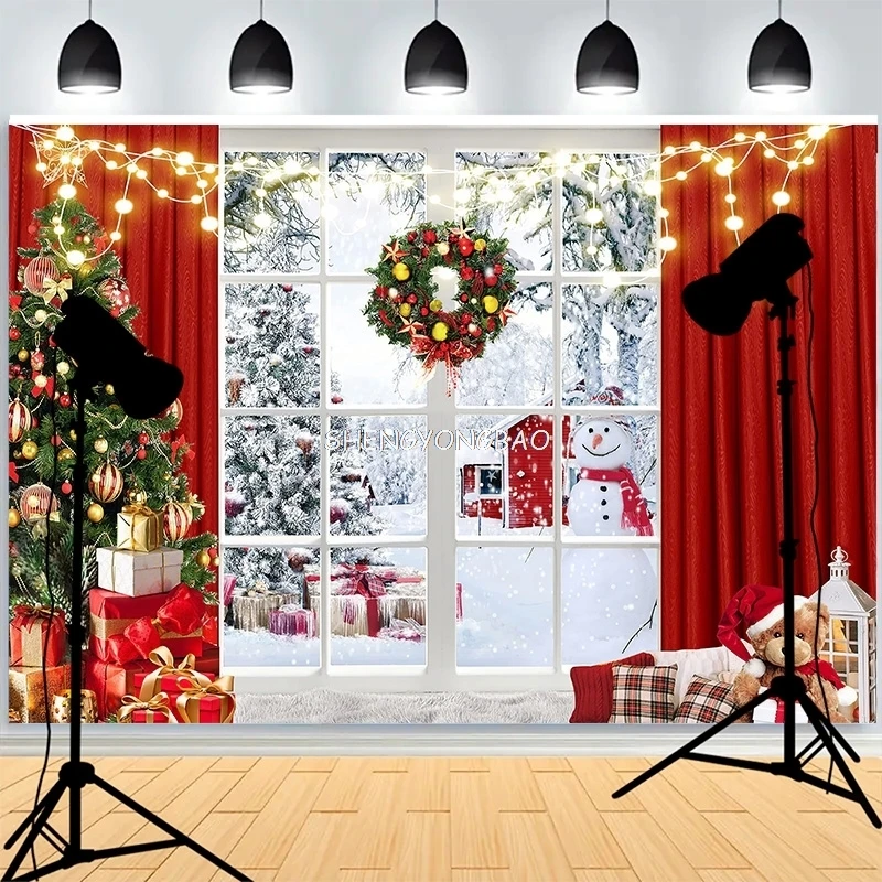 

Christmas Tree Wreath Window Xmas Decoration Background Warmth Living Room Family Happiness Party Photography Backdrops AG-08