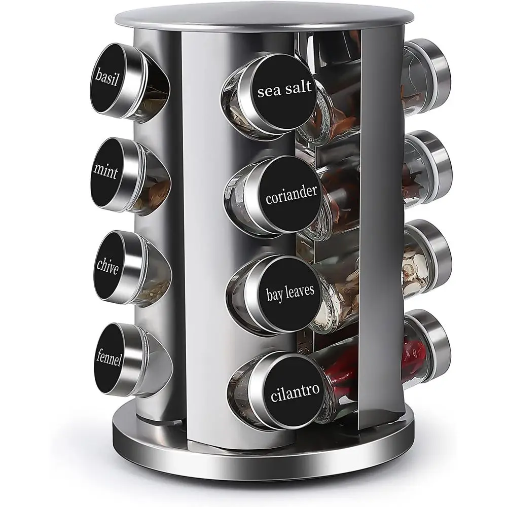 

Revolving Countertop Spice Rack Stainless Steel Seasoning Storage Organization, Spice Carousel Tower or Kitchen Set of 16 Jars