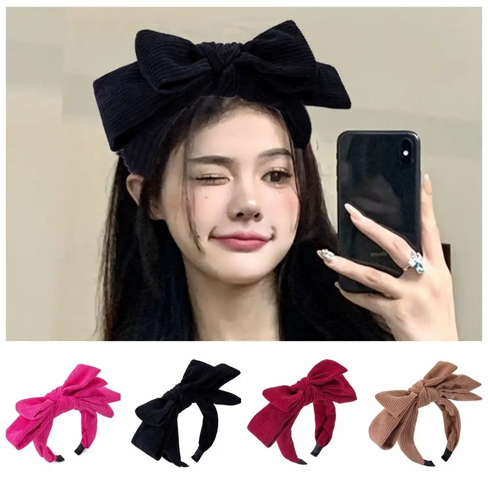 Gifts Corduroy Bowtie Headband Wide Solid Color Bowtie Hair Hoop Large Headwear Wash Face Hairband Adult