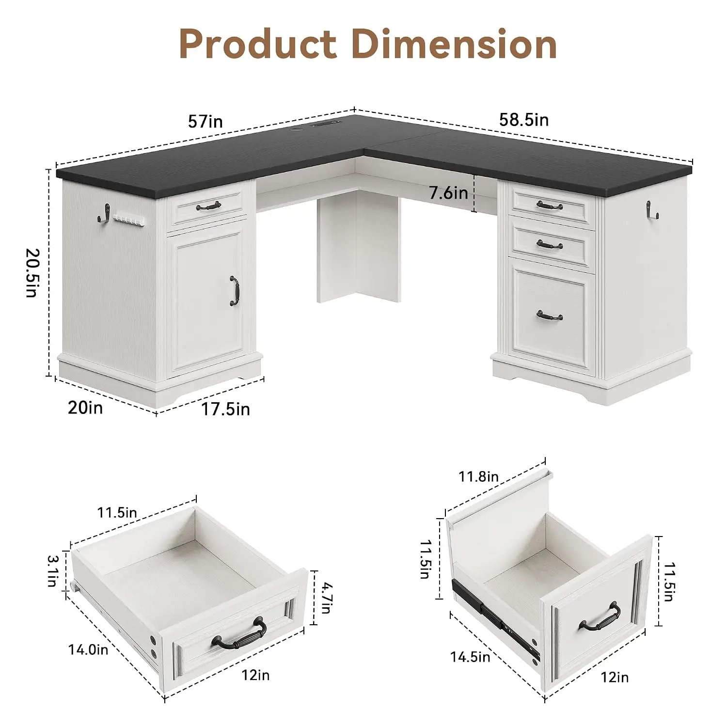 L Shaped Desk 4 Drawers Charging Station Wood Corner Computer Desk File Cabinet Storage Shelf Headphone Hook, Customized