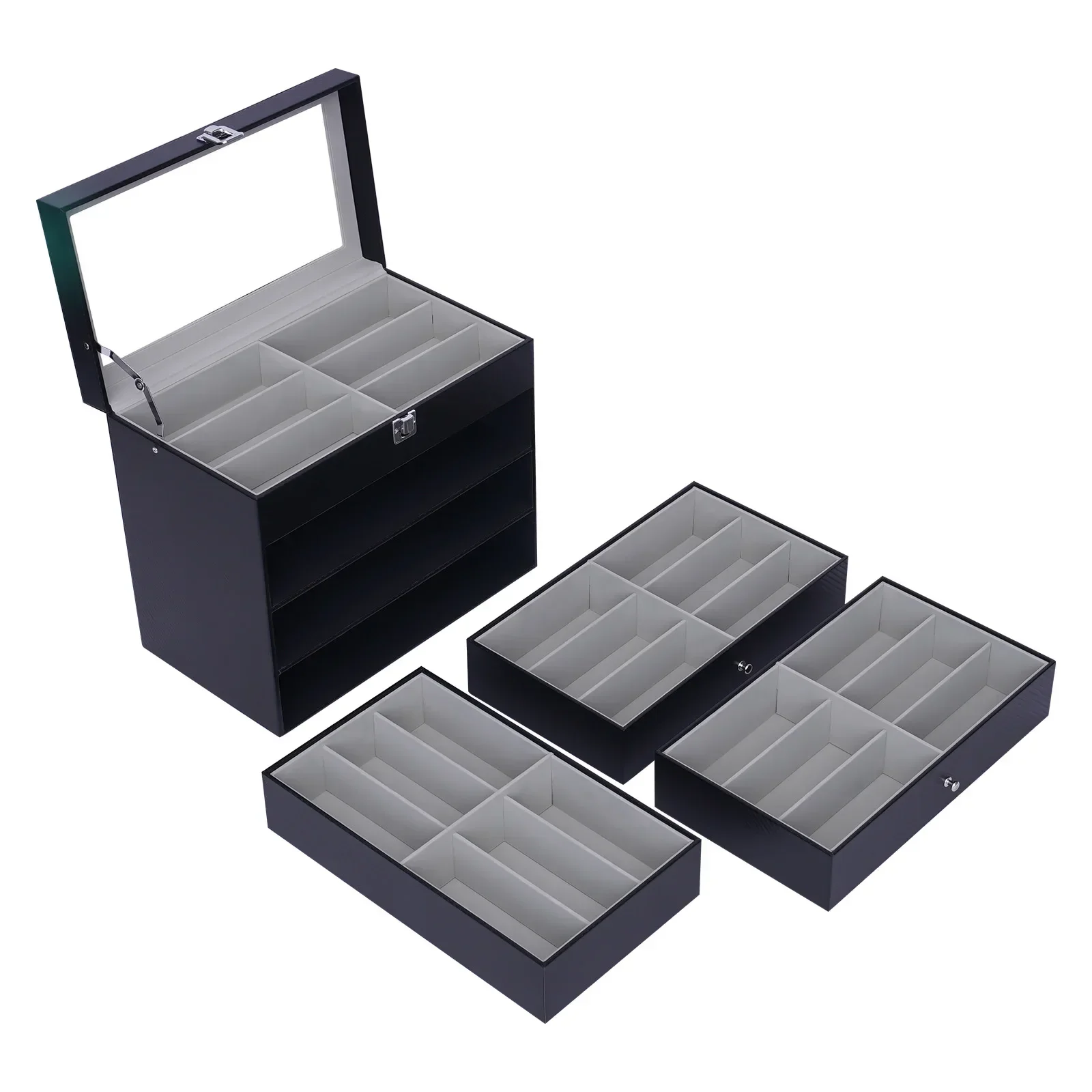 4 Layer Black Sunglasses Display Case, PU Leather Eyeglass Storage Box, Glasses Collection Storage Box Organizer (24 Slots)