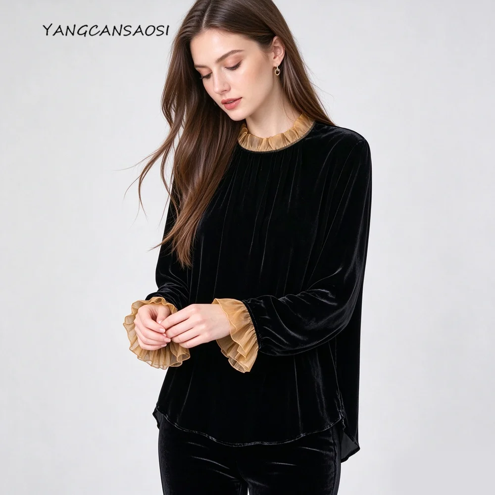 2026 Women's Fashion Autumn New 30% Natural Mulberry Silk Velvet Black Long Sleeve Skin Friendly Breathable Loose T-shirt