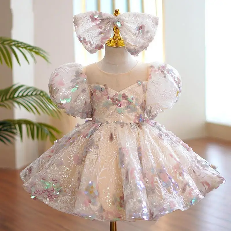 New High-End Colorful Sequins Puffy Bow Princess Gown Dress