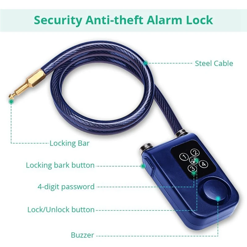 Anti-Theft Security Wireless Remote Control Alarm Lock Bike Lock 4-Digit Password Alarm Black IP55 Waterproof For Oudoor