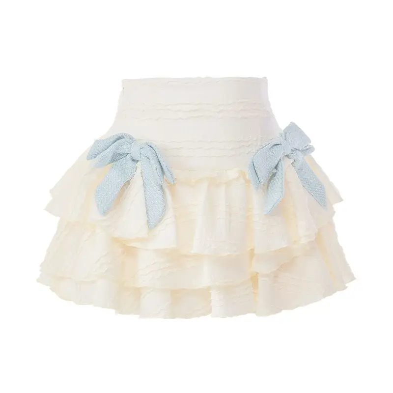 Summer Lolita Kawaii Two Piece Set Japanese Women Sweet Cake Skirt Female Korean Cute Puff Sleeve Blouses Blue Mini Skirt Suit