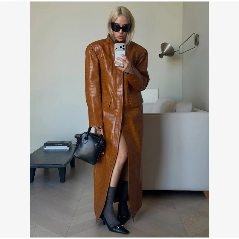 Crocodile Embossed Faux Leather Long Jackets Chic Wide Lapel Belted Waist Quarter Sleeve Loose Coat Women Street Chic Outfits