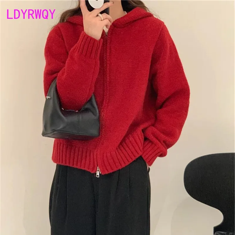 2023 Autumn/Winter New Hooded Double Zipper Sweater Coat for Women Loose and Thickened Knitted Cardigan for Women