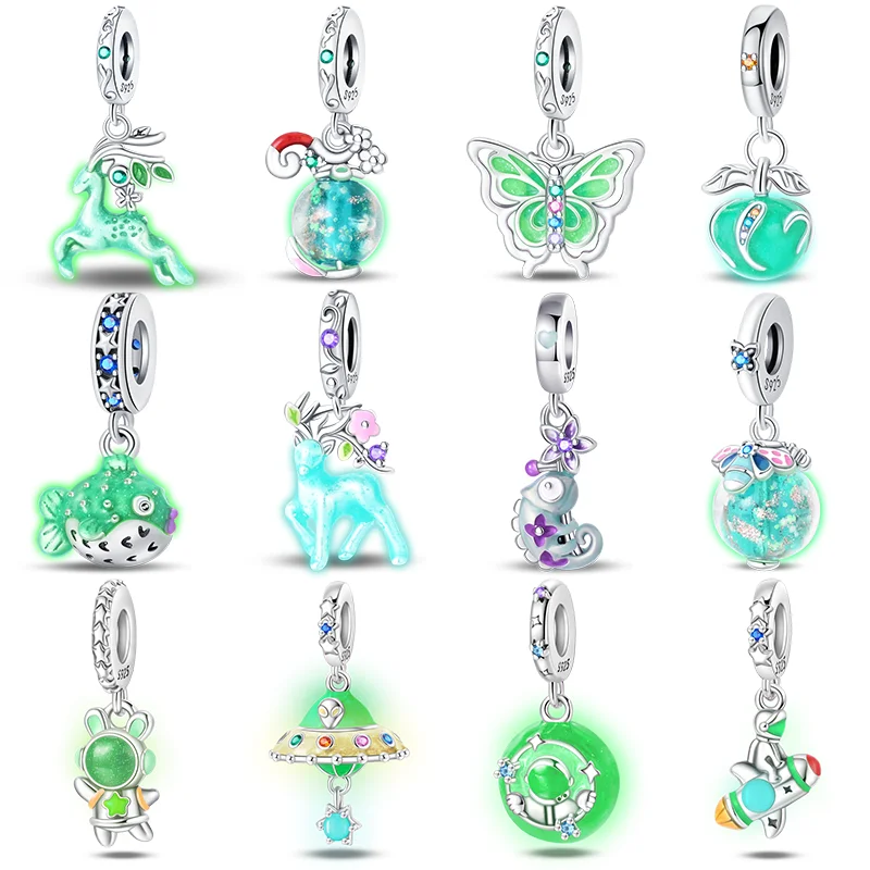 

925 Sterling Silver Fashion Glowing Fawn Butterfly Lantern Apple Charms Beads Fit 3mm Bracelet DIY Fine Jewelry Gift Making