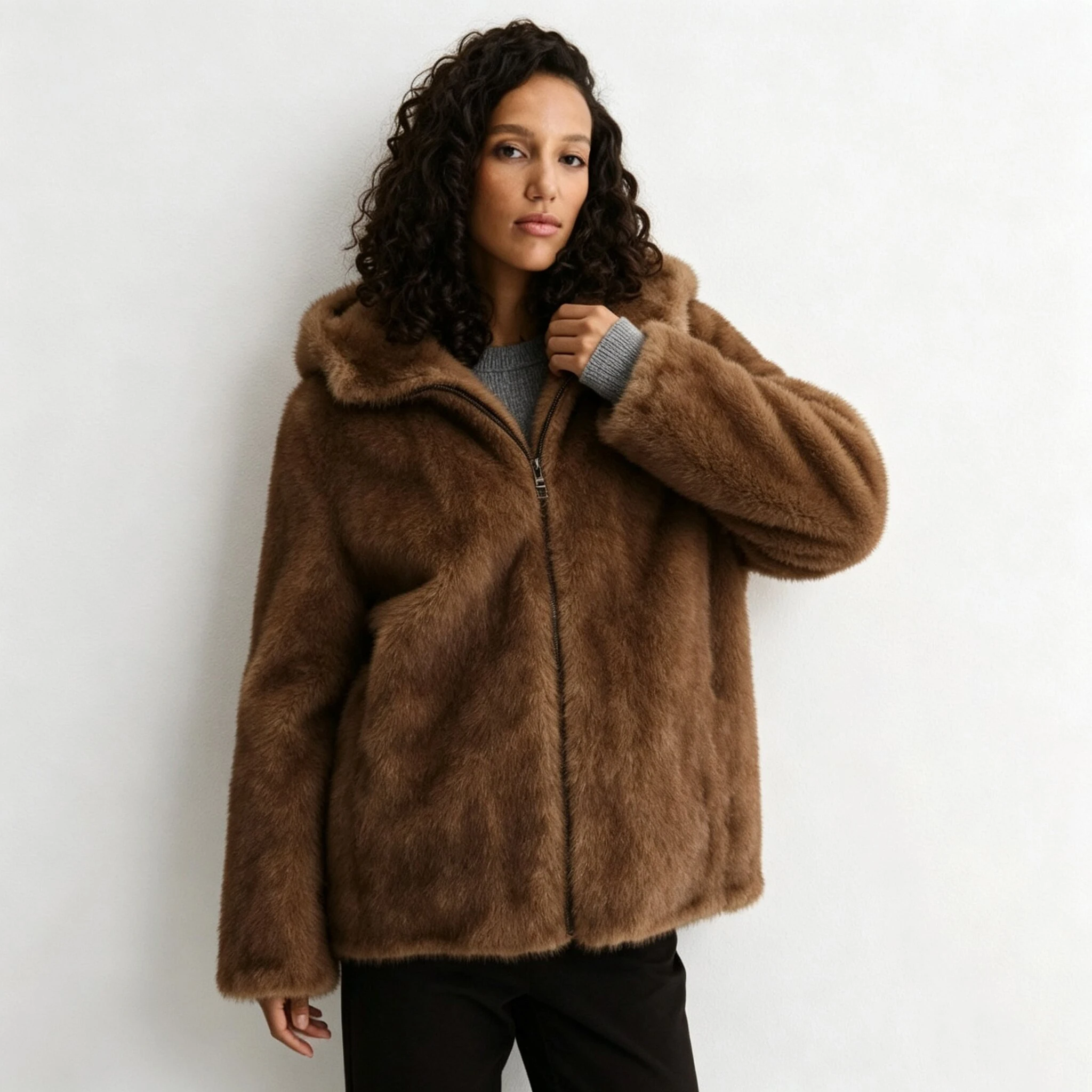 RU Women Hooded Faux Fur Jacket Full Zipper Front Loose Plush Warm Outerwear For Autumn Winter Daily Casual Street Outfits