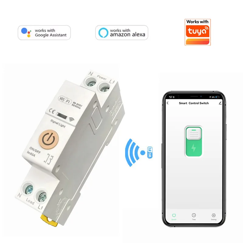 WiFi Smart Switch Circuit Breaker 1P 63A DIN Rail App Timing Remote Control On Off Supports Alexa Google Home