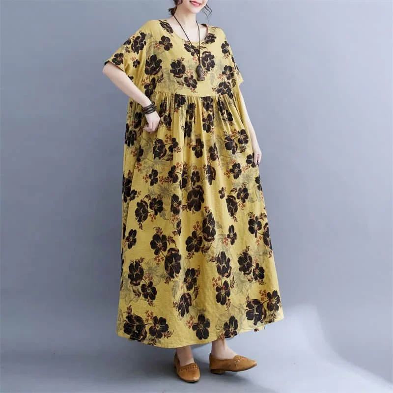 Women Dresses Cotton Linen Oversized Vintage Floral Short Sleeve A-line Loose Korean Style Mid-Calf Dress for Women Clothing