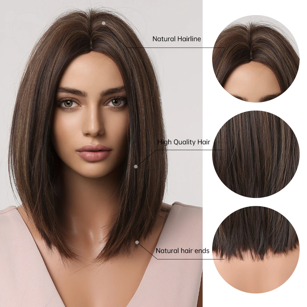 Ciemnobrązowe krótkie proste peruki syntetyczne Bob Highlight Golden Blonde Hair Middle Part Peruki dla czarnych kobiet Afro Codzienne użytkowanie