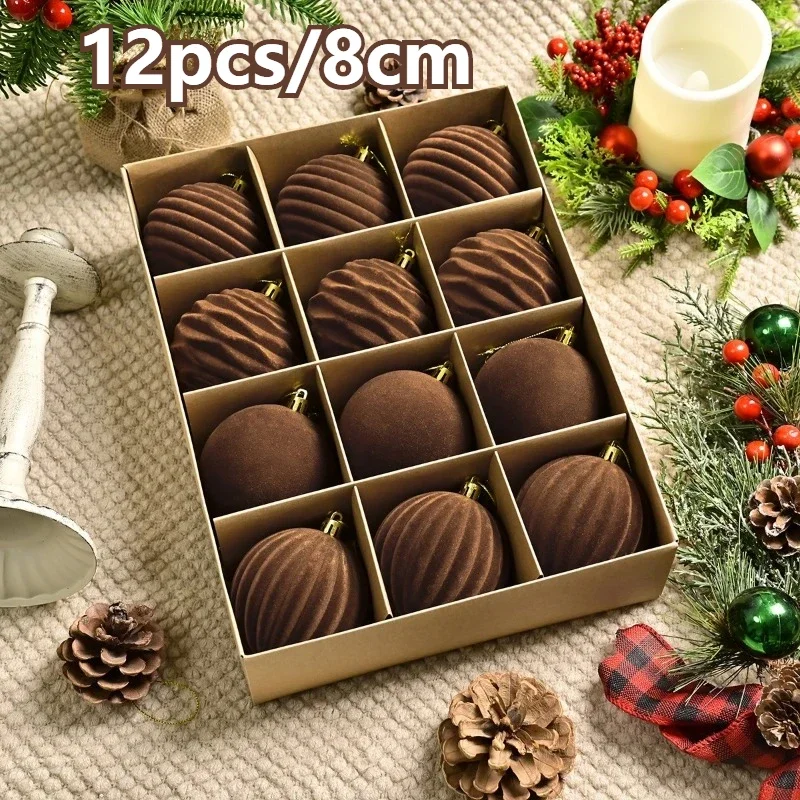 

12pcs 8cm Brown Christmas Balls Luxury Flocking Xmas Decorative Hanging Ornaments New Year Party Christmas Spheres Pendant Set
