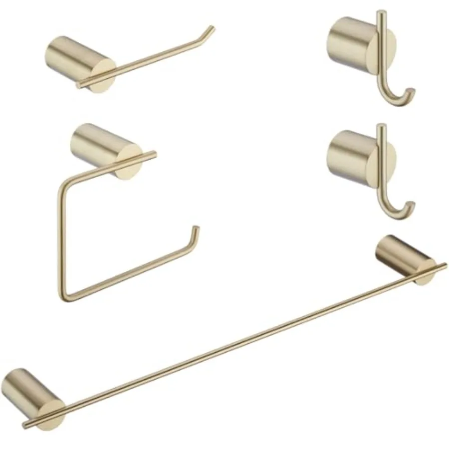 

Bathroom hardware set: brushed gold finish, SUS304 stainless steel, 5-piece including 24-inch towel bar, ring, holder, hook cor