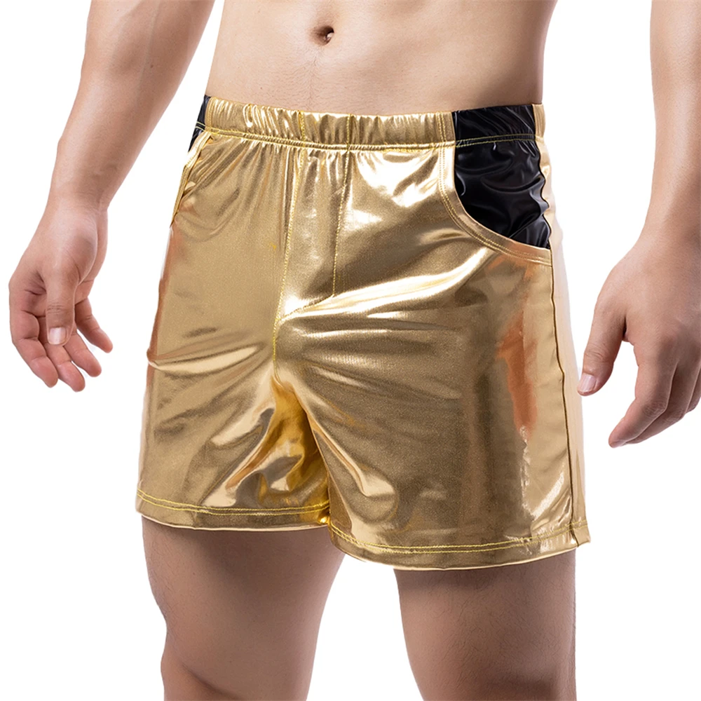 Mens Metallic Shiny Casual Shorts With Pockets Fashion Nightclub Stage Party Shorts Male Faux Leather Short Pants Dance Clubwear