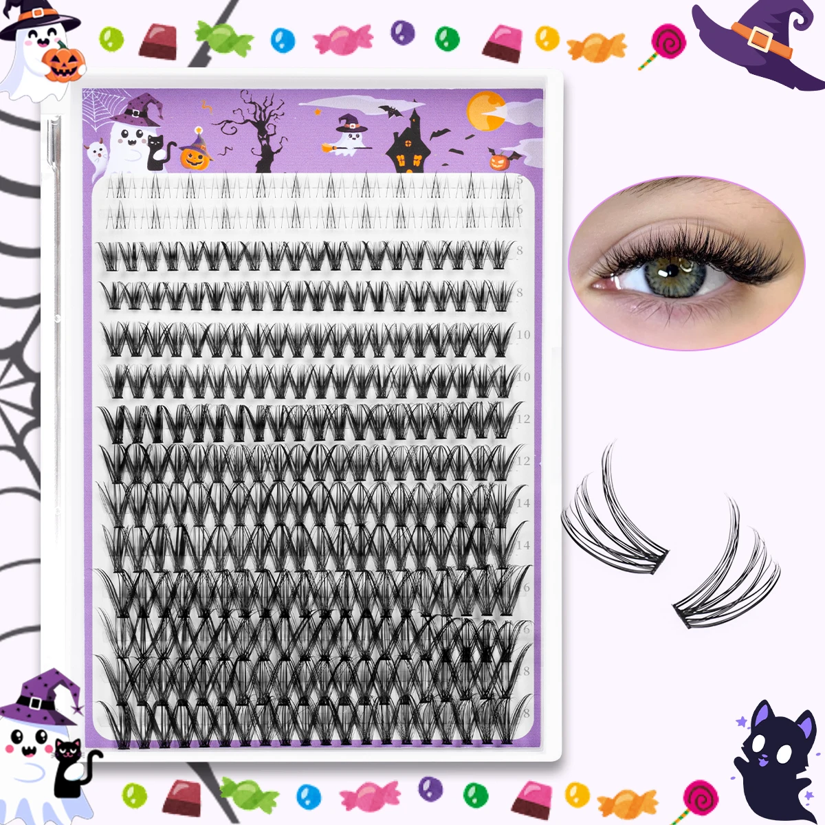ขนตาปลอม DIY แบบกลุ่ม ขนตาปลอมแบบเส้นต่อเส้น 5-18 มม. ขนตาปลอมธรรมชาติ ต่อขนตาแบบกลุ่ม ของขวัญขนตาสำหรับฮาโลวีน