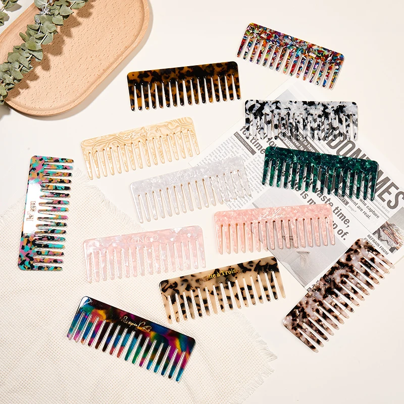 고객 로고 포함 한국 스타일 대리석 패턴 아세테이트 빗 여성용 럭셔리 와이드 티스 안티스태틱 헤어 콤 패션 헤어케어 도구