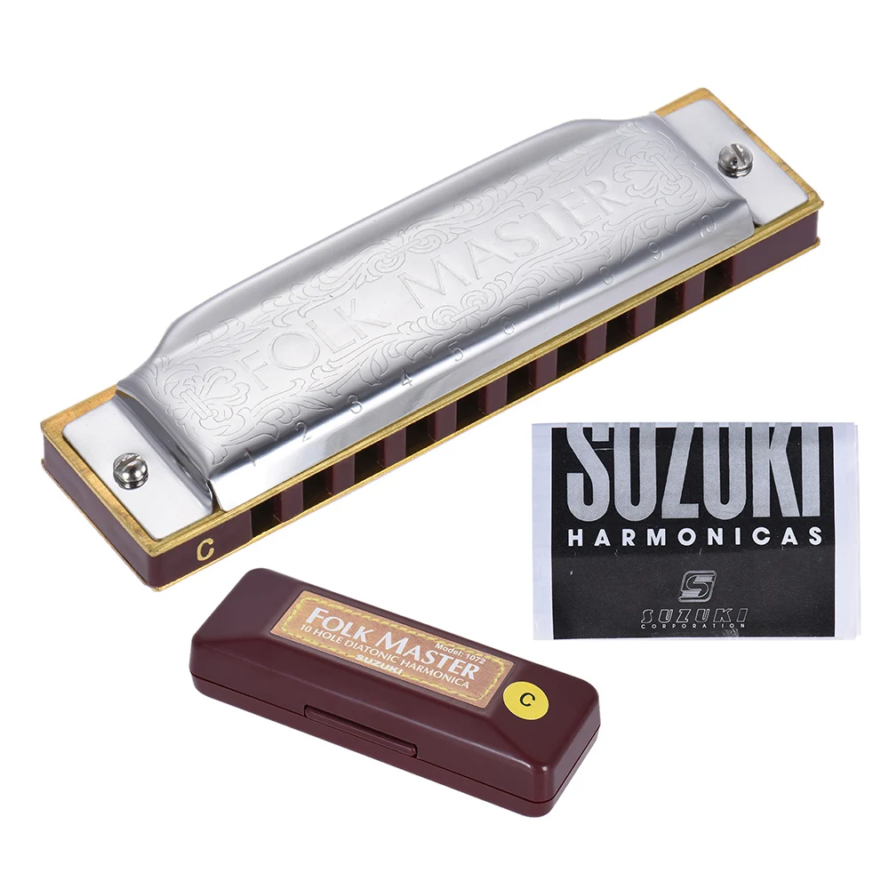 SUZUKI Folkmaster Blues Harmonica Standard Key of C A B E F G Key 10-Hole 20 Tones Diatonic Blues Gaita Harmonica for Beginner