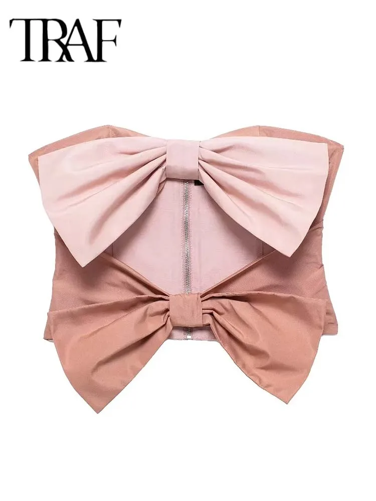 TRAF Bow Off Shoulder Crop Top Women Cut Out Sexy Corset Tops Sleeveless Zipper Backless Top Woman Summer Short Tops