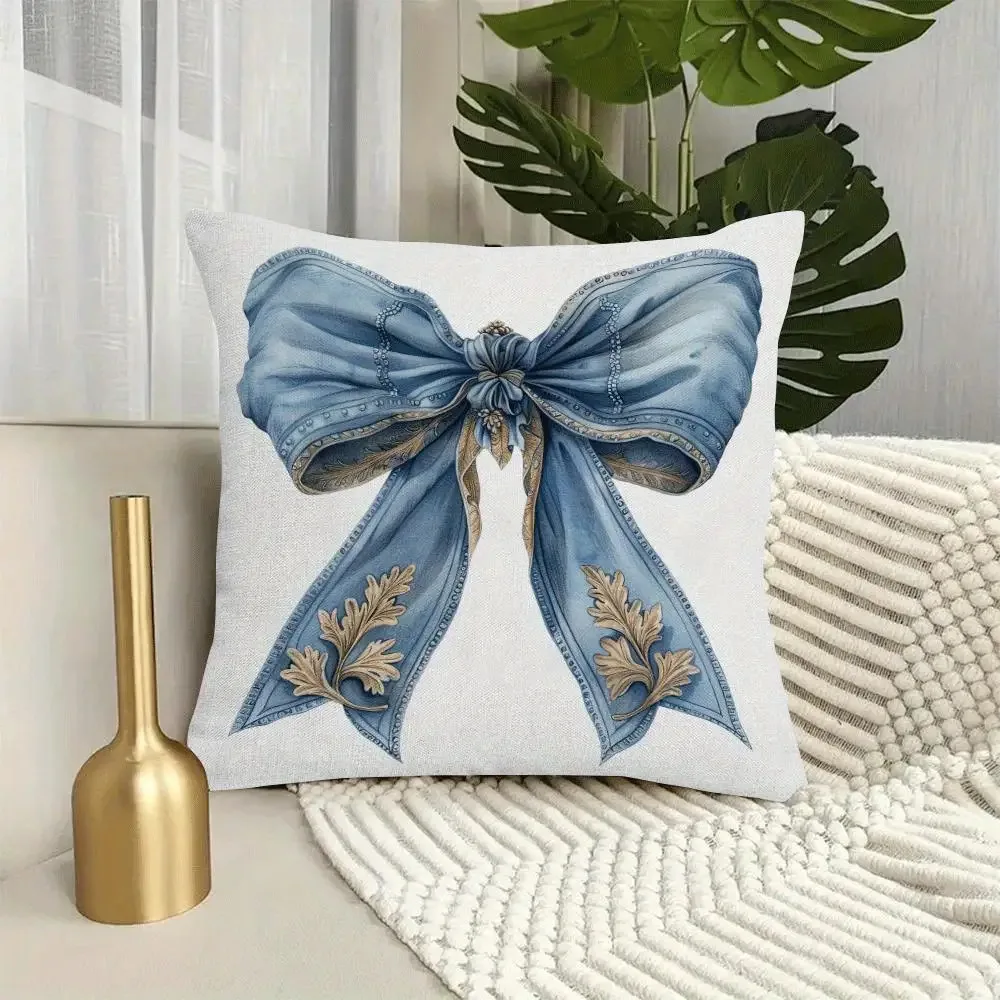 White Pillow Cover Elegant Blue Bowknot with Gold Leaf Motifs and Beaded Trim 18x18 Inch Square Decor