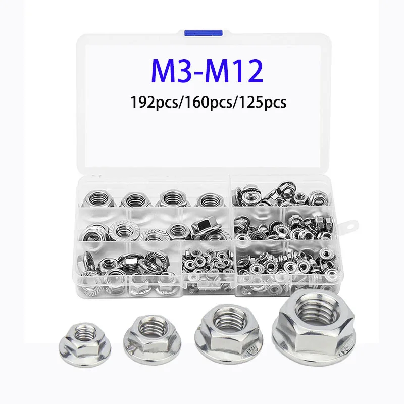 

192/160/125/pcs Hexagonal Flange Nut Kit 304 Stainless Steel M3 M4 M5 M6 M8 M10 M12 Antiskid Serrated Spinlock Nut Set DIN6923