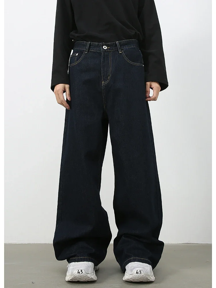 

Men Wide Leg Pants Floor Length Pant Solid Denim Jeans High Waist Casual Loose Pocket Splice Autumn Winter Straight Trousers