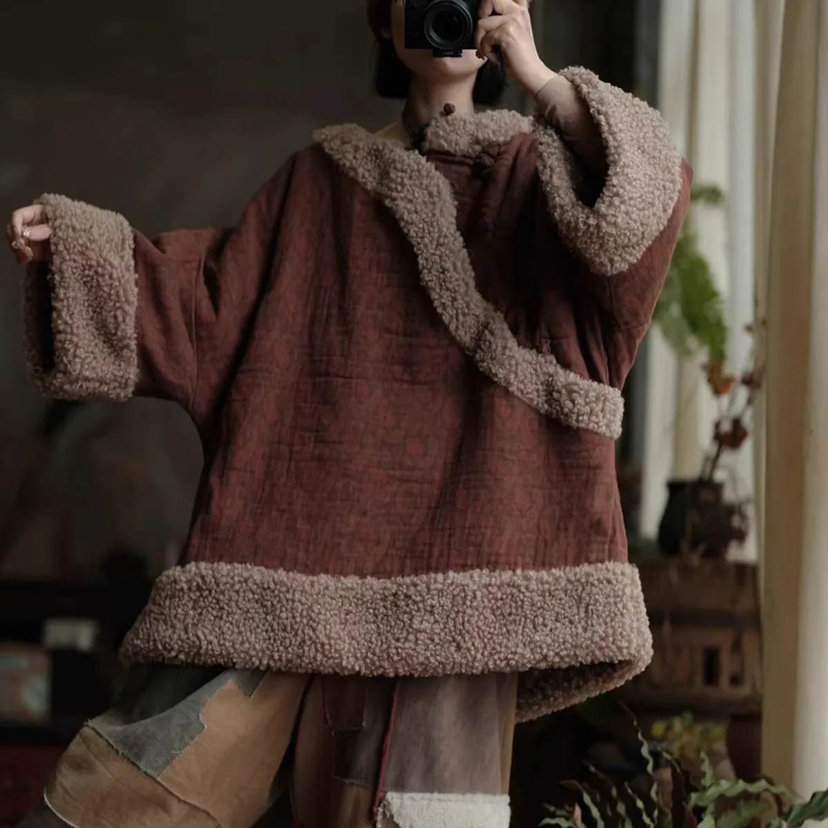 

Design sense Women's Lightweight Print Quilted Jacket Loose Faux Shearling Lamb Wool Trim Corduroy Autumn Winter Loose Outwear