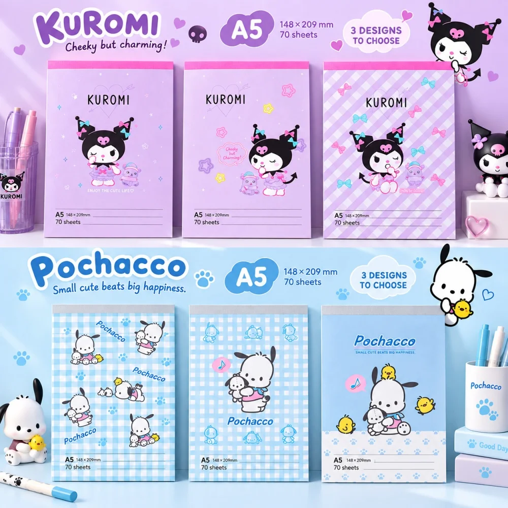 Genuine Sanrio Hello Kitty My Melody Kuromi Pochacco A5 A6 A7 Memo Notepad Character Goods for Study Planning Writing Notes