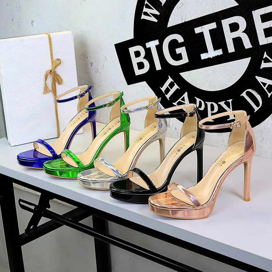 Summer New Laser Painted Leather Strap Waterproof Platform Sandals Banquet Dress Large Size Stiletto High Heels Women's Shoes