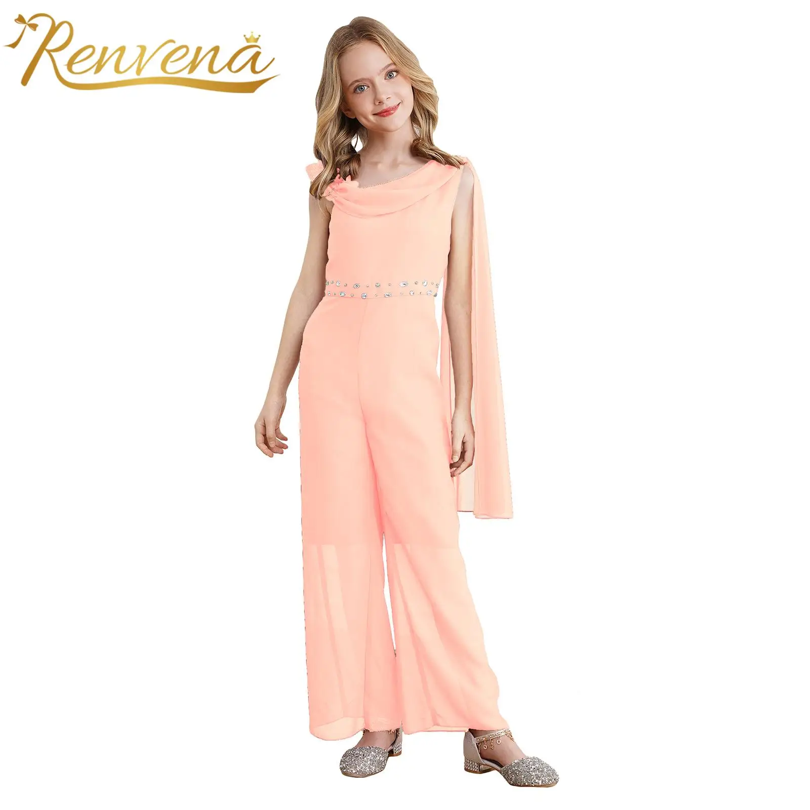 

Kids Girls Rhinestone Party Jumpsuits Sleeveless One Shoulder Wide Leg Pants for Lyrical Danee Wear Teens Ballet Dance Jumpsuit