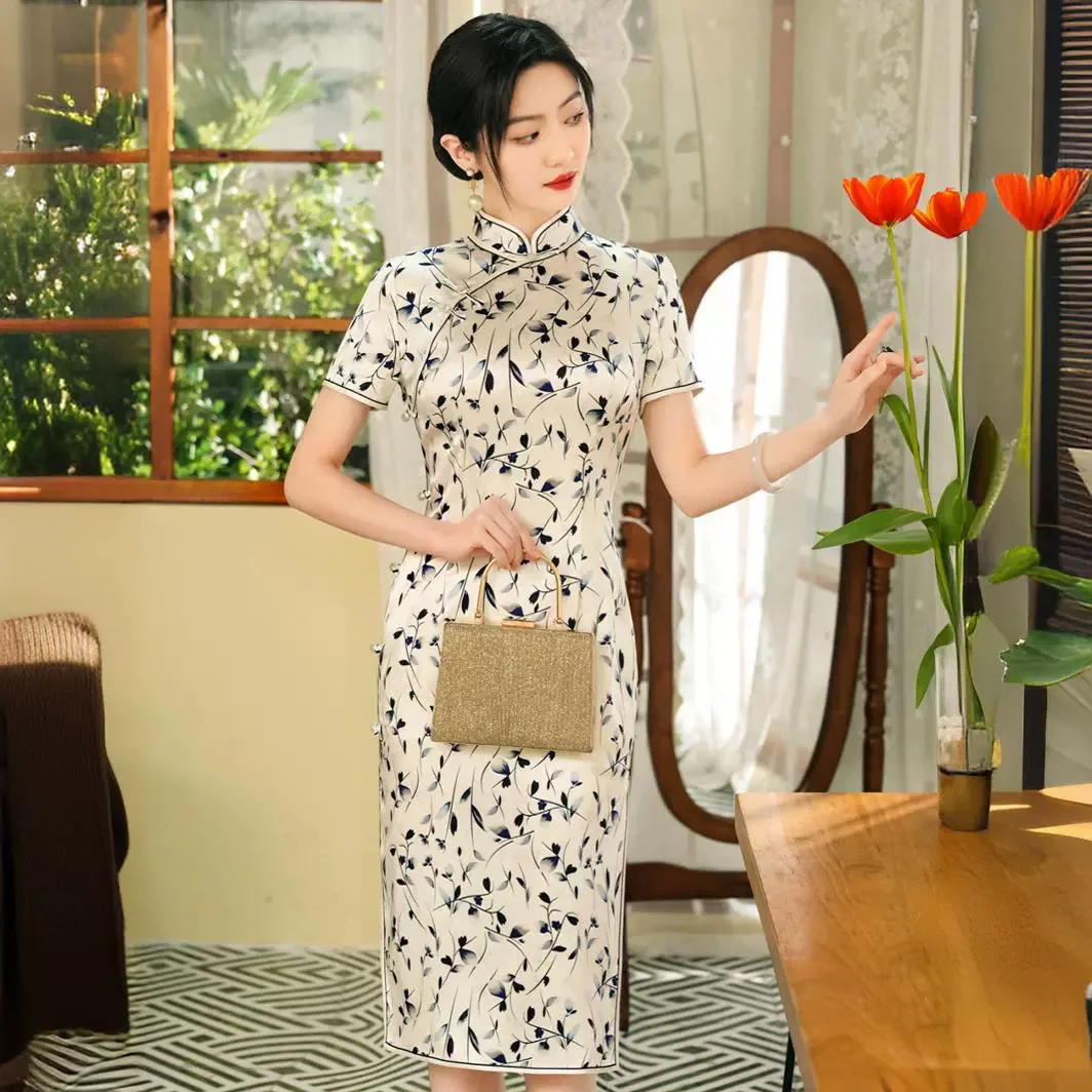 

High-End Quality Real Silk Cheongsam Qipao Summer Women's Improved Dress Chinese Chi-Pao