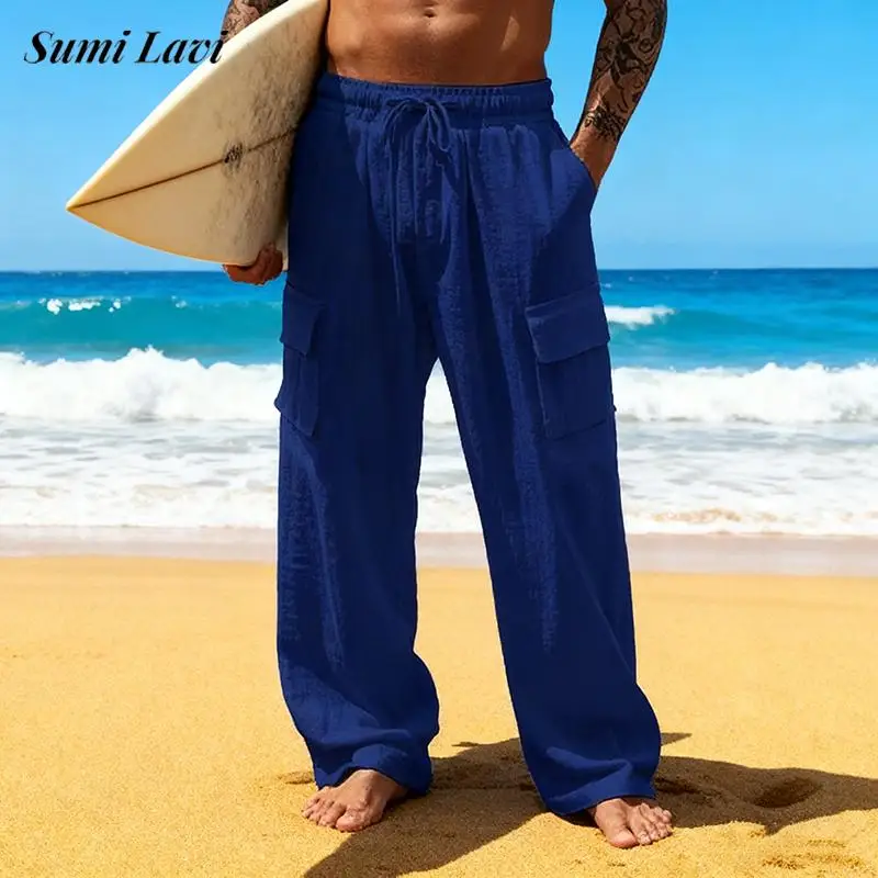 

Дышащие льняные брюки для повседневного отдыха, мужские повседневные однотонные свободные прямые брюки-карго, весенне-осенние мужские винтажные брюки