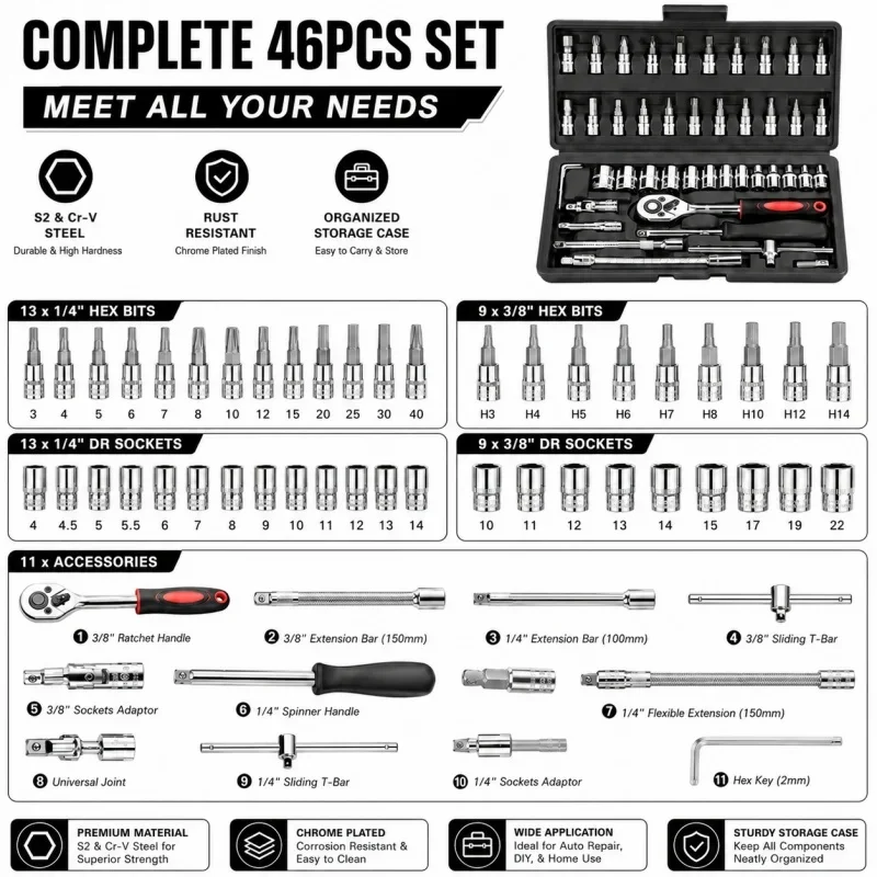 46Pcs Family Tools 1/4 Set Mechanic Tool Kits for Auto Repair Hous with Sockets Metric Hex Bit Socket Set inch Ratchet Wrench